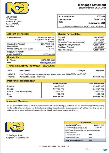 Jamaica National Commercial Bank Jamaica Limited (NCB) mortgage statement Word and PDF template